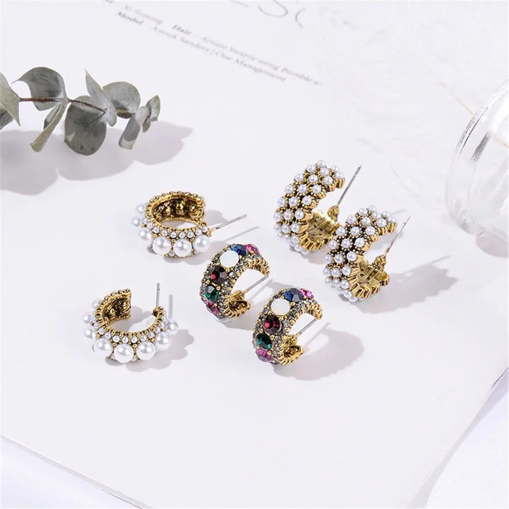 

2019 New Hot Sale Vintage Colorful Rhinestone Small Hoop Earrings Women Fashion Simulated Pearl Semicircle Pendientes