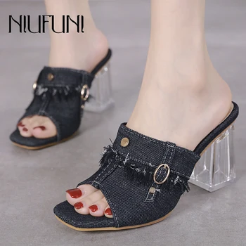 

Peep Toe Denim Rivet Women's Slippers 2020 Summer Transparent Crystal High Heels Women's Slides Sandals NIUFUNI Women's Shoes