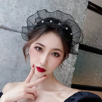 

MENGJIQIAO Korean Elegant Vintage Black Lace Pearl Hairband For Women Fashion Hoop Headwear Party Hair Accessories Jewelry