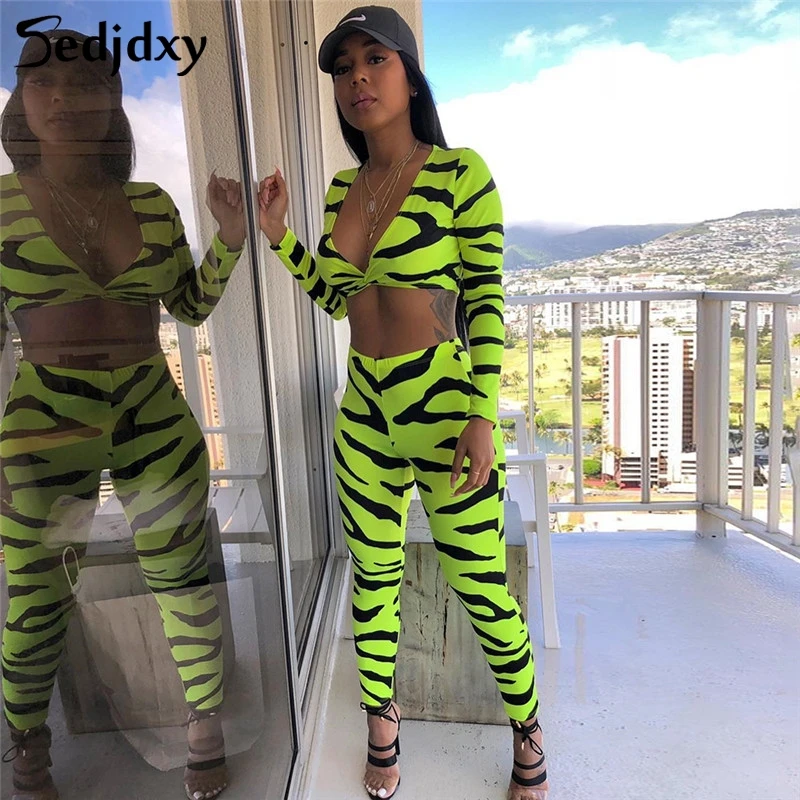 

2019 Autumn Winter Women Two Piece Set Zebra Print Crop Top Pants Outfit Co ord Active Wear Streetwear Clothes