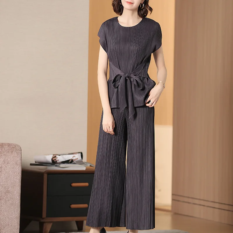 

Solid Color Sleeveless Round Neck T-shirt Pleated Wide-leg Pants Suit Casual Fashion Loose Plus Woman 2019 Autumn Z920