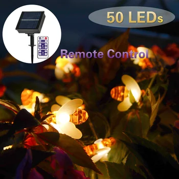 

Solar remote control honey bee strings light 50LED solar powered outdoor fence patio waterproof lawn decorative fairy lights