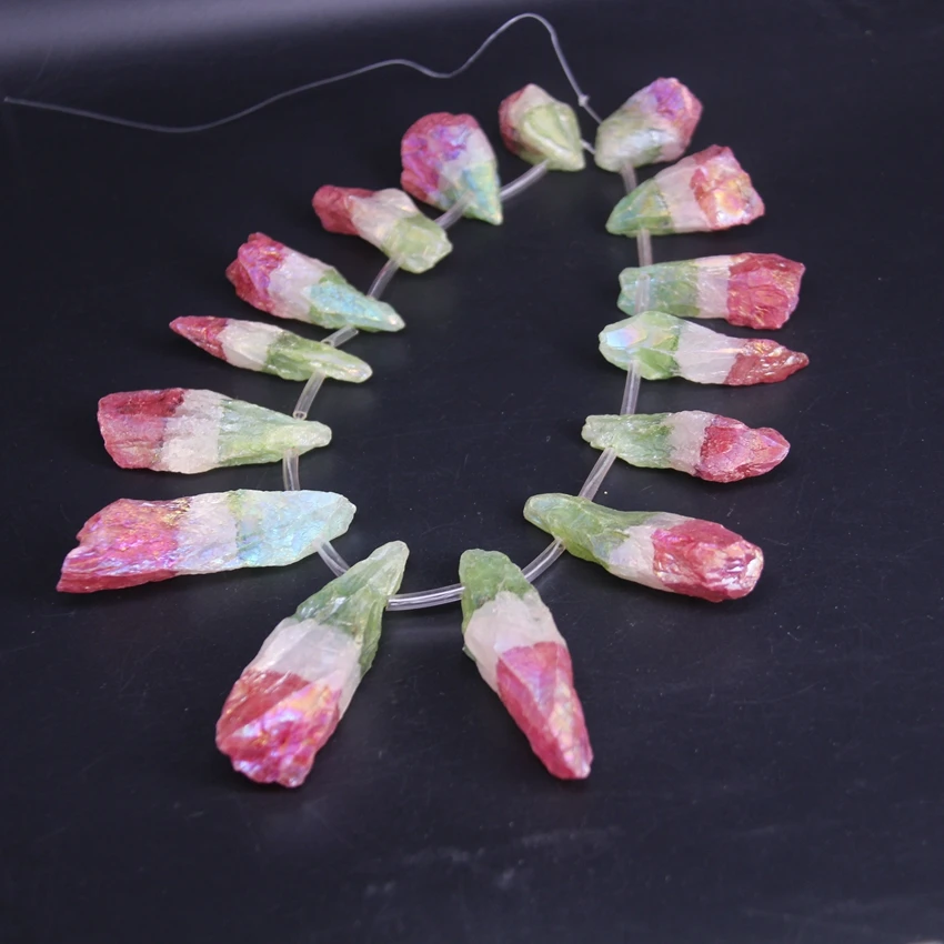 

15.5"/strand Gradient Color Large Raw Crystal Quartz Top Drilled Point Beads,Red White Green Titanium Cut Rough Stick Pendants