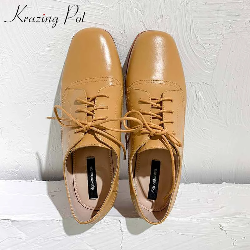 

Krazing pot sweet maiden genuine leather shoes soft breathable round toe low heels women fashion lace up elegant cozy pumps L10