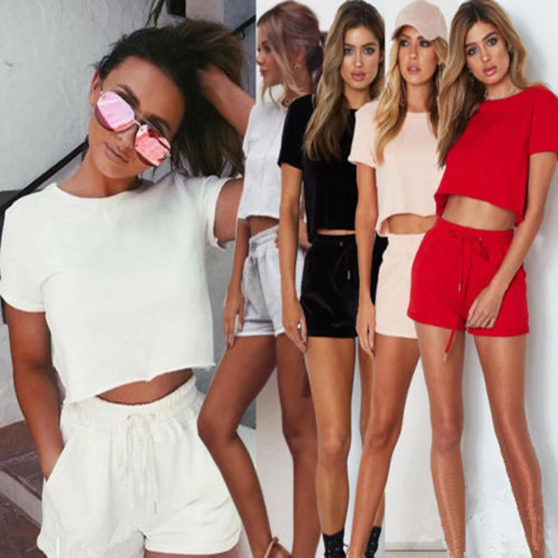 

casual solid set women 2020 fashion suit women's summer new solid color crop top o-neck short sleeve women shorts suit