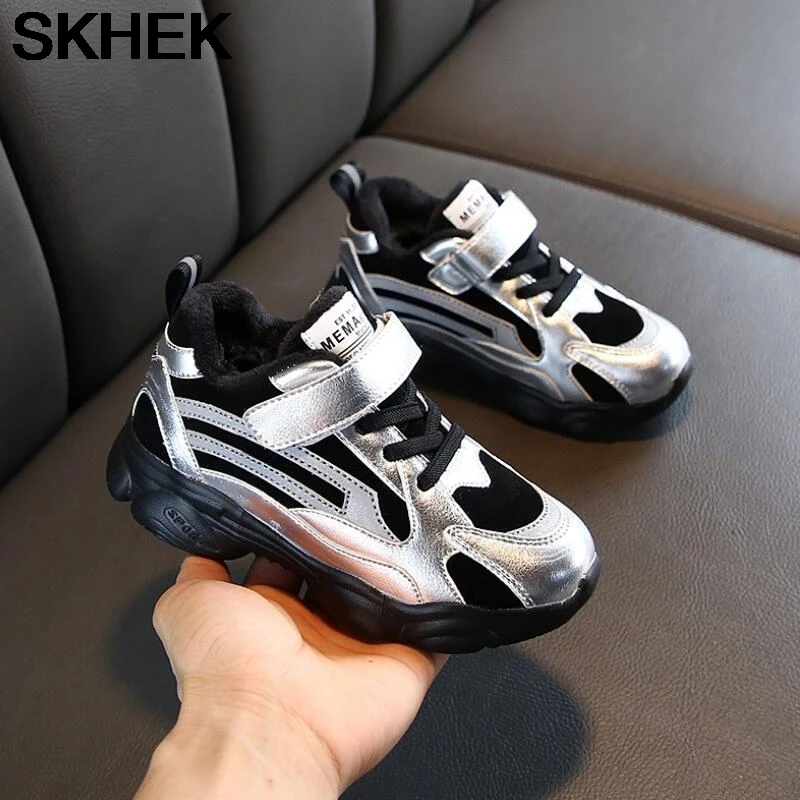 

SKHEK Children Boots For Boys Sneakers Winter New Plush Warm Girls Boots Fashion Kids Martin Boots PU Leather School Shoes