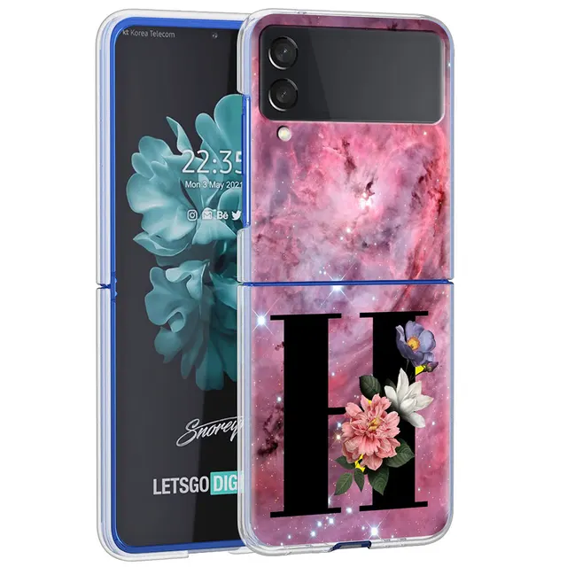 Letter A B Flowers Pink Case For Samsung Galaxy Z Flip 3 5G Transparent Hard Cell Phone Cover ZFlip3 Clear PC Luxury Fundas H08