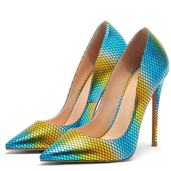

YECHNE Women High heels Bride Shoes Woman Valentine Shoes Multicolor Snake skin Hooks Shoes Fashion Sexy Party Wedding Pumps