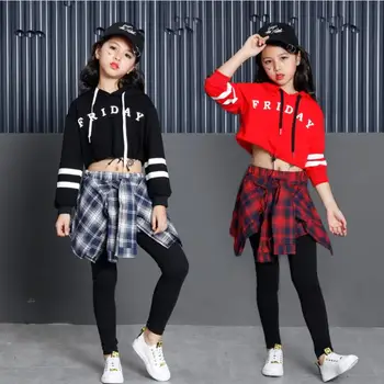 

Girls Two Piece Set Long Sleeve Children Crop Tops And Plaid Skirt Pant Kids Hip Hop Dance Clothes For Girls Children Autumn
