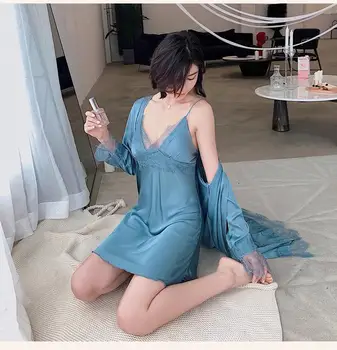 

Blue Lace Trim Women Robe Set Satin 2PCS Sleepwear Summer Silky Nighty&Robe Set Female Kimono Gown V-neck Sleep Set Home Wear