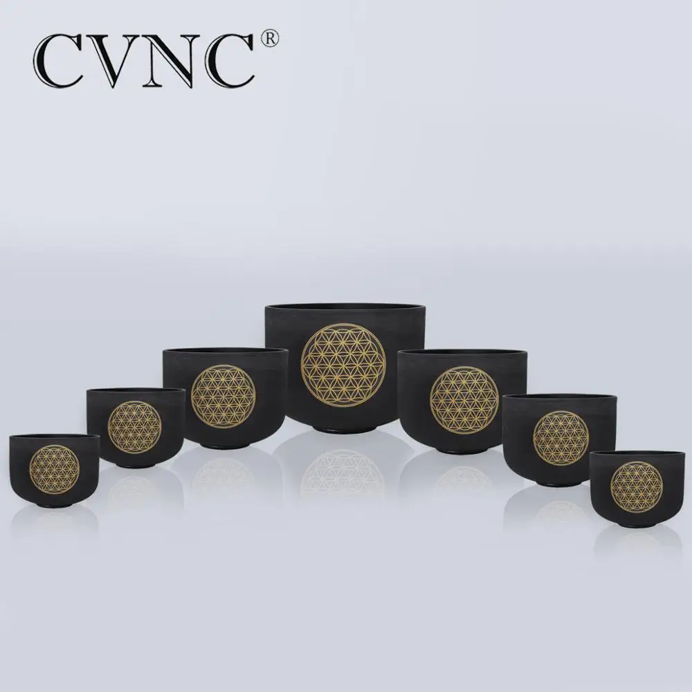 CVNC 6"-12" Black Set of 7pcs Frosted Quartz Crystal Singing Bowl with Flower of life