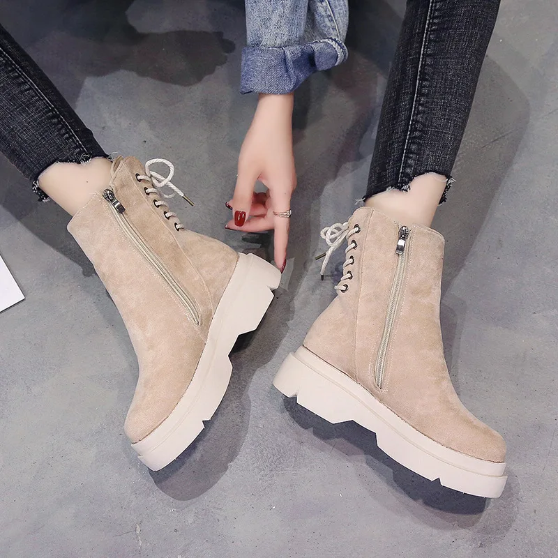 

Autumn And Winter Platform Heel Side Zipper Ankle Boots European And American Style Cross Straps Martin Boots Semi-high Heeled W