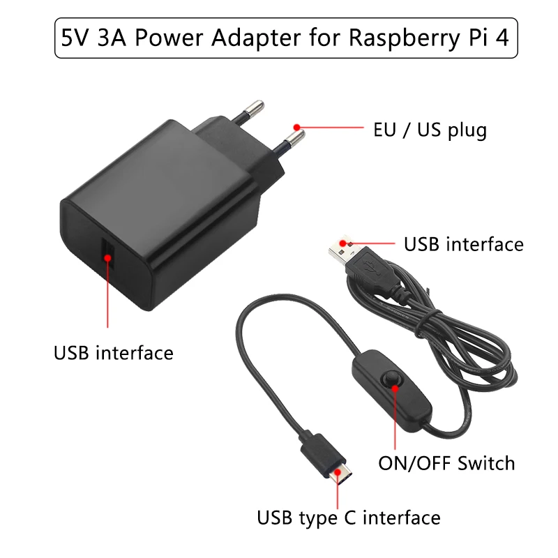 Raspberry Pi 4 B адаптер питания 5 в 3 А источник питания штепсельная вилка европейского стандарта США 1 м переключатель USB кабель провод питания зарядное устройство для Raspberry Pi 4 Модель B