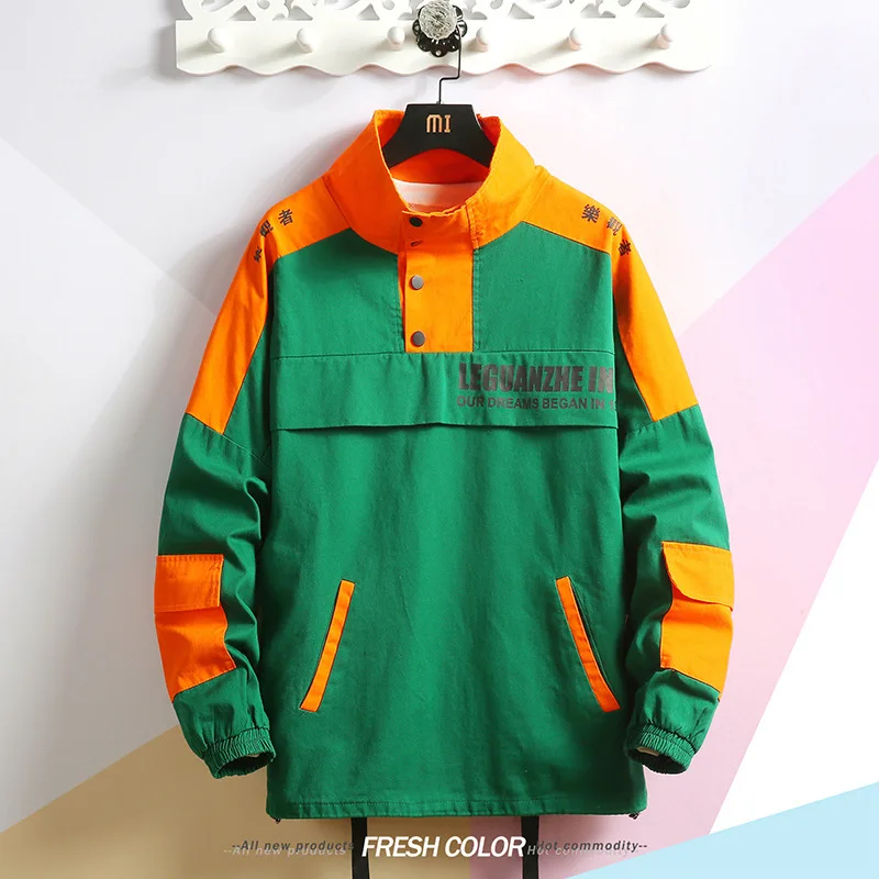 

2019 Autumn New Style Japanese-style Mixed Colors Stand Collar Jacket Men's Pullover Coat Loose And Plus-sized Men'S Wear