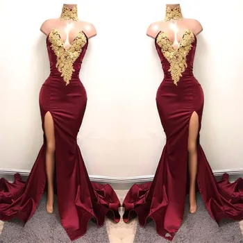 

New 2019 Sexy Burgundy Prom Dresses with Gold Lace Appliqued Mermaid Front Split for Long Party Evening Wear Gowns prom dress