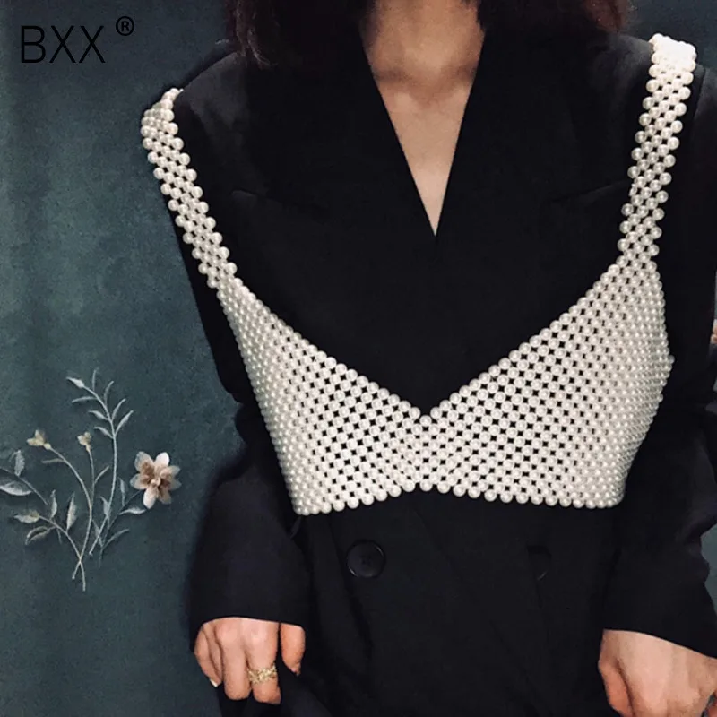 Kaufen [BXX] Handgemachte Perlen Weste Frauen Tops 2020 Luxus Marke Designer Neue Für Frauen Perlen Westen Ärmel Aushöhlen shirts HI451
