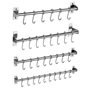 

Wall Mounted Utensil Rack, Stainless Steel Hanging Kitchen Rail with 8 Removable Hooks, Hanger Organizer for Utensil
