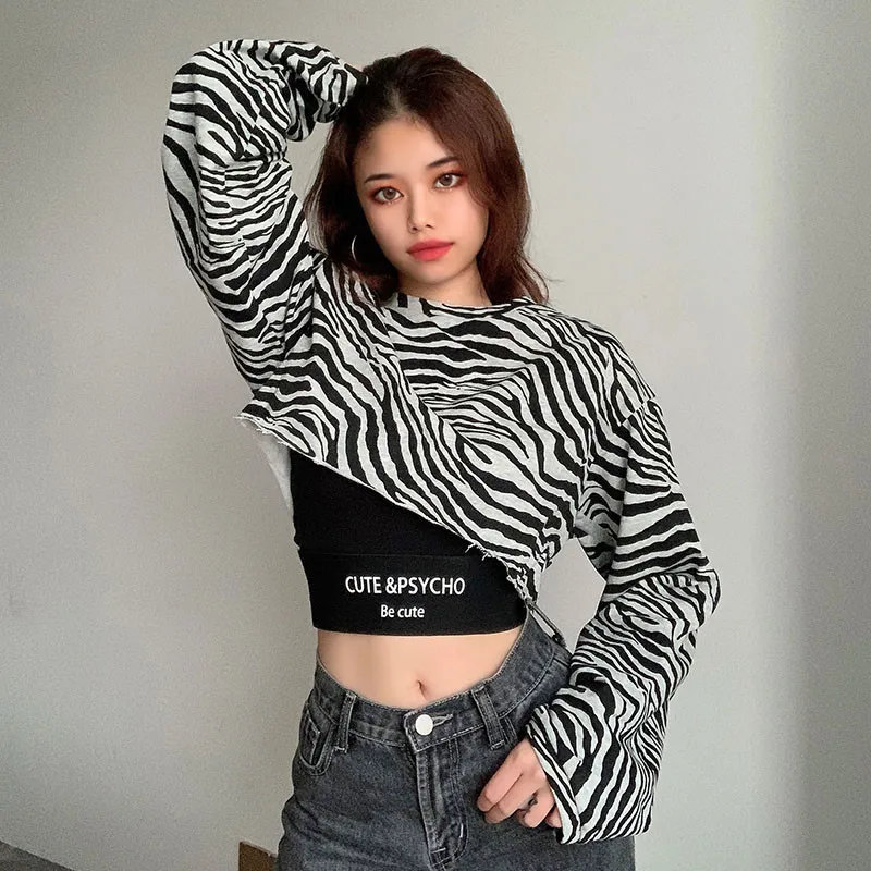 2pcs Women's Top Set Long Sleeve Round Neck Zebra Print Short Top + Letter Print Short Black Strap Hight Street Lady Clothing