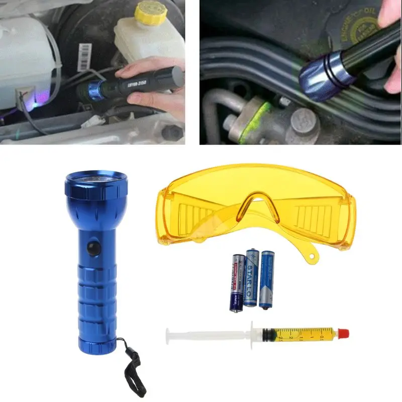

Car R134A R12 Air Conditioning A/C System Leak Test Detector Kit 28 LED UV Flashlight Protective Glasses Tool Set