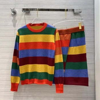 

high quality 100% cashmere women elegant color block rainbow stripe knitted sweater set long sleeve top + bodycon skirt set S100