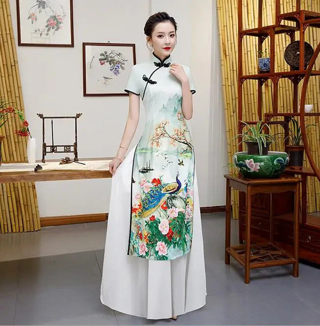 Желтый плюс размер 5XL Китайский традиционный Женский Aodai Qipao с цветочным принтом винтажный Чонсам Новинка китайское торжественное платье - Цвет: white C