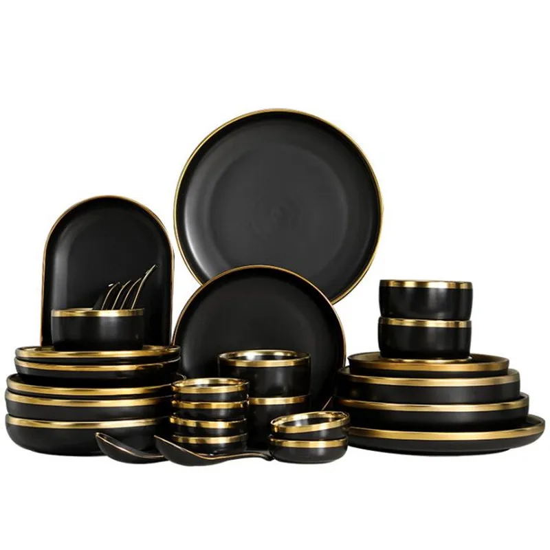1Set Matte Gold Inlay Black Porcelain Dinner Sets Kitchen Plate Set Food Dishes Rice Salad Noodles Bowl