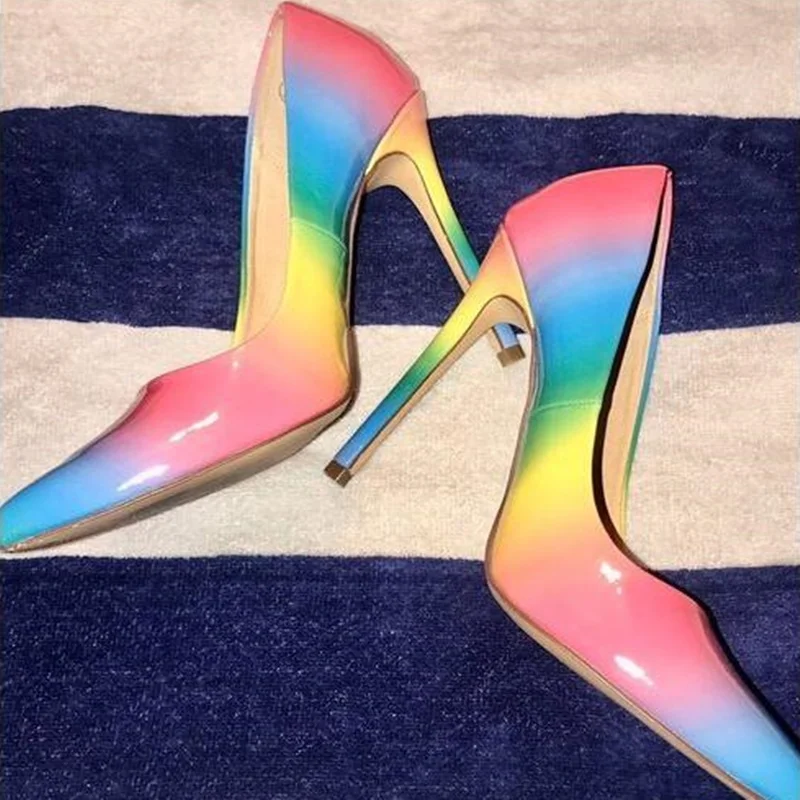 

Rainbow Gradient Color High Heel Pumps Pointed Toe Patent Leather Shallow Dress Shoes 12cm Stiletto Heel Wedding Party Shoes