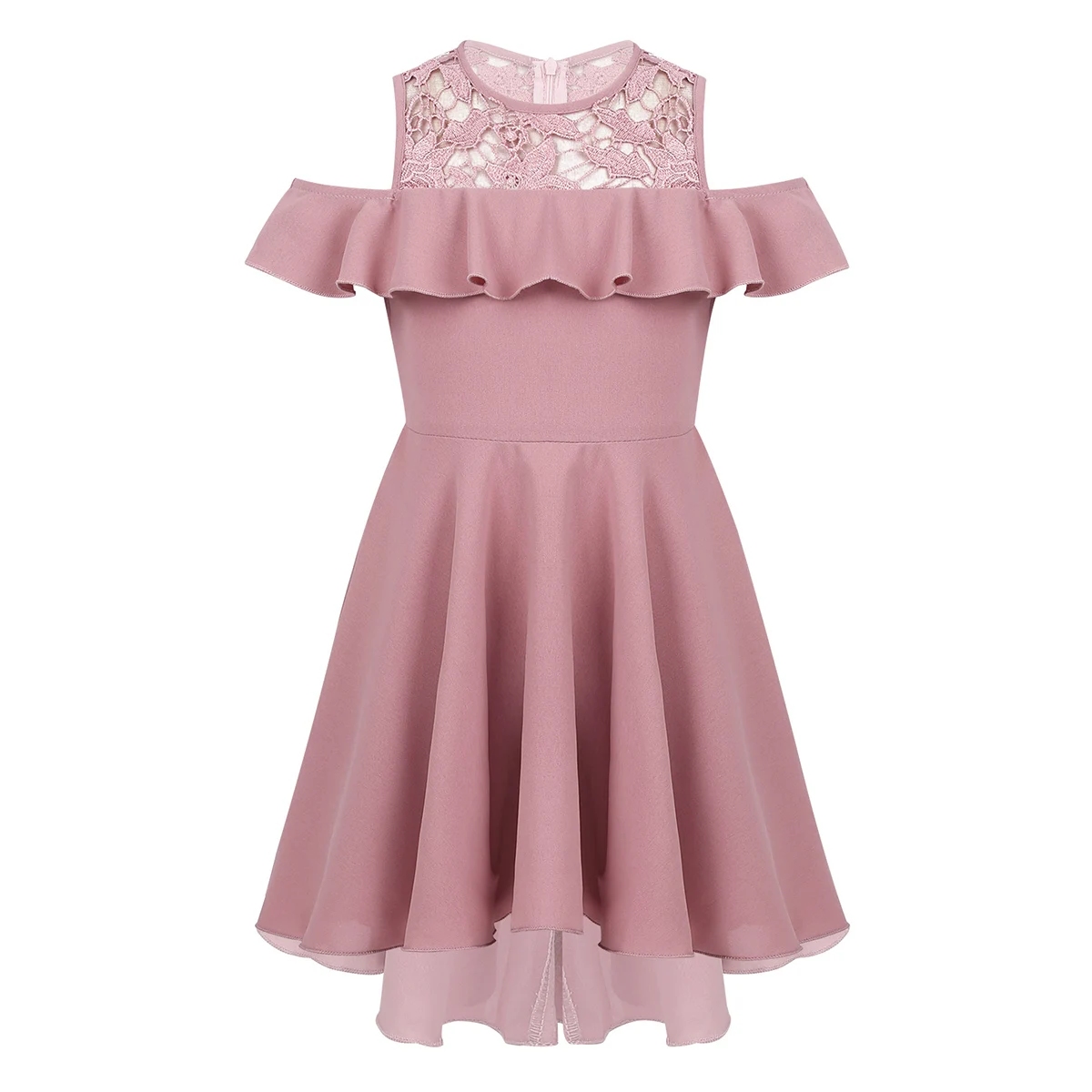 Праздничное платье для девочек, с открытыми плечами, с оборками, с кружевными вставками, с высоким-низким подолом милые летние детские платья трапециевидной формы с рукавами-крылышками - Цвет: Dusty Pink