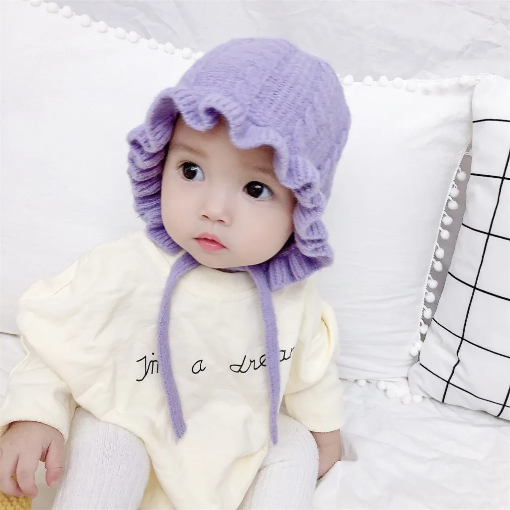 Princess Baby Girl Hat Laciness Knit Winter Newborn Hat Baby Bonnet Enfant Hats Kids Cap for Girls Warm New Born Caps#C