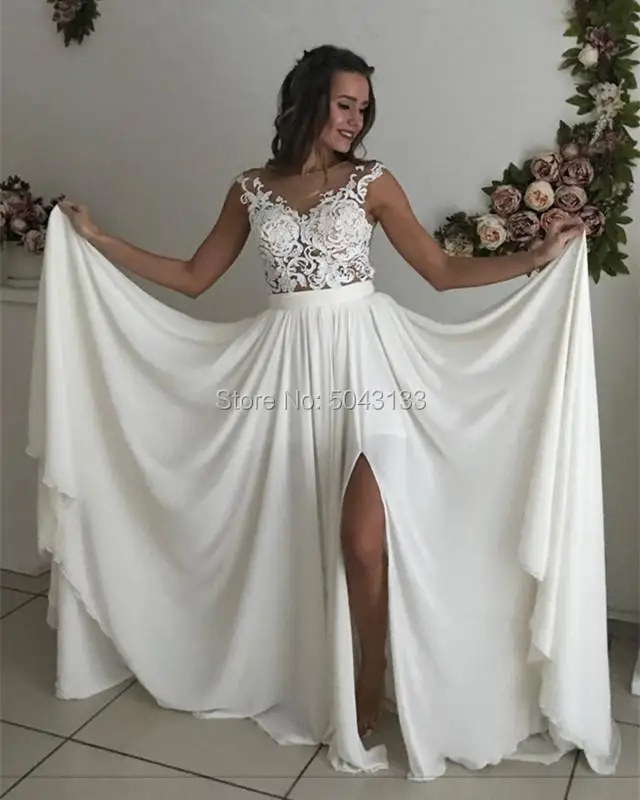 Шифон A Line Boho свадебный наряд винтажный Кружева Аппликации для свадебных платьев с короткими рукавами с разрезом сбоку Vestidos de Noiva для невесты