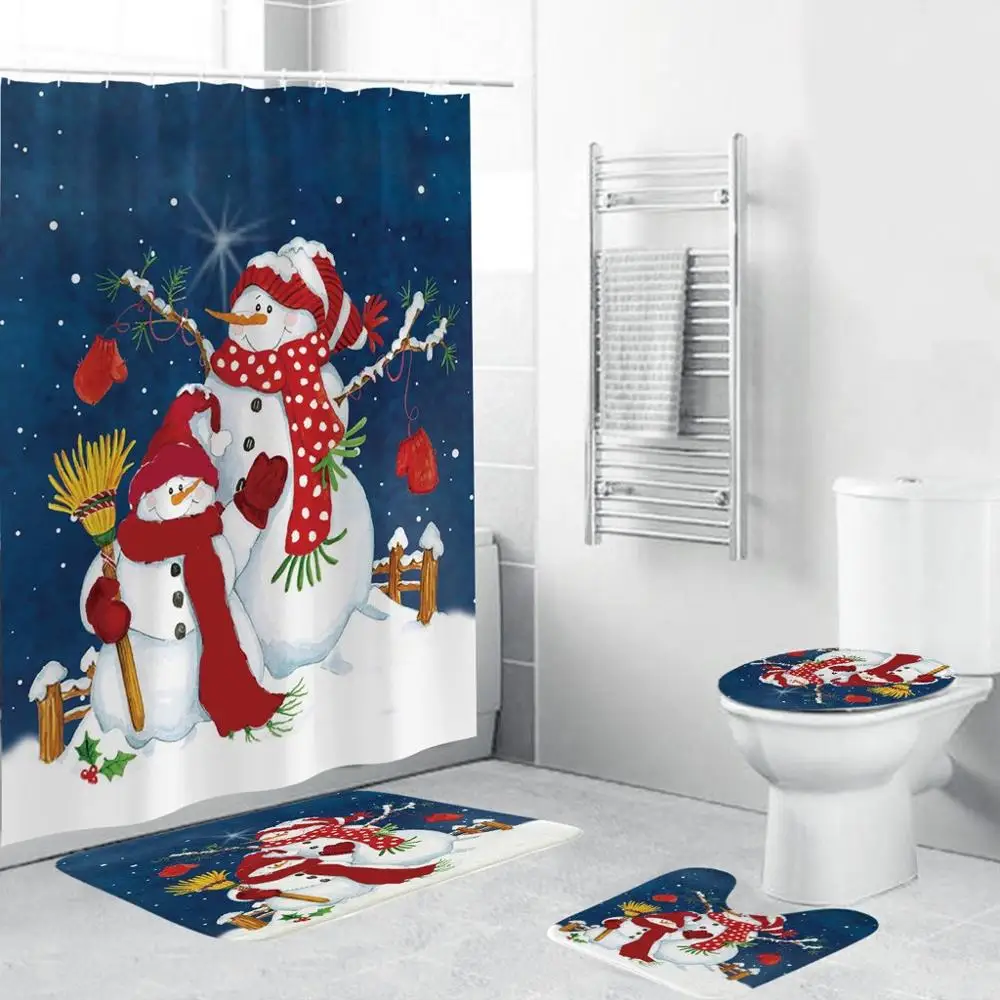 4 шт./компл. Merry Christmas Ванная комната комплект снеговика, Санта-Клауса и рисунком в виде лося из мультфильма Водонепроницаемый душ Шторы коврик для крышки унитаза Нескользящие коврик A40