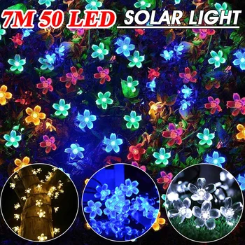 

7M 50 LED Solar Lights Powered Cherry Blossoms Shape LED Wedding Fairy Garland Wire String Lights Holiday Christmas Shining Lamp