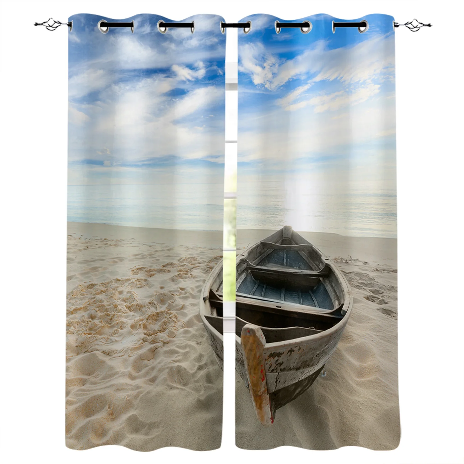 Занавески с изображением лодки пляжа синего неба заката белых облаков восхода