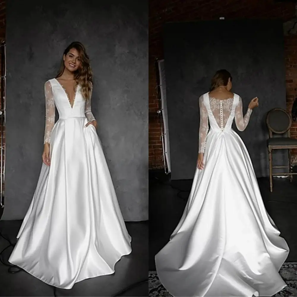 

2020 Lace Wedding Dresses V Neck Long Sleeves Button Back Appliques Beach Bridal Gowns Custom Made Sweep Train Wedding Dress