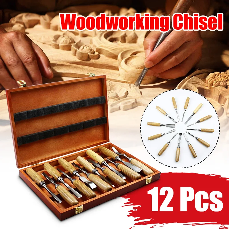

Professional 12Pcs/set Manual Wood Carving Hand Chisel Tool Set Carpenters Woodworking Carving Chisel DIY Detailed Hand Tools