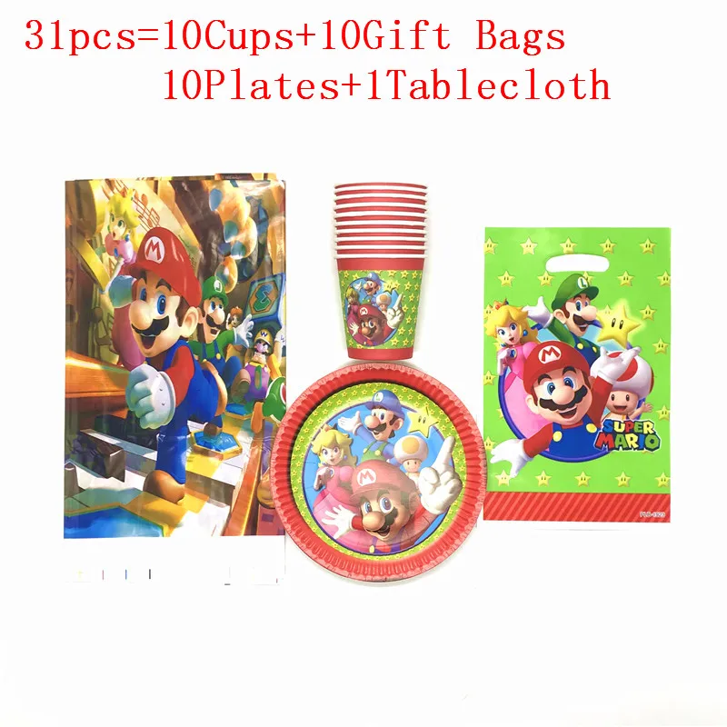 31 шт./61 шт., Вечерние Декорации для девочек Super Mario Bros на день рождения, чашки+ тарелки+ скатерти+ сумки, семейные вечерние принадлежности - Цвет: BeiPanLiZhuo 31pcs
