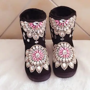 

2020 winter new handmade diamond-studded black snow boots mid-tube thick non-slip real cowhide women's shoes cotton shoes