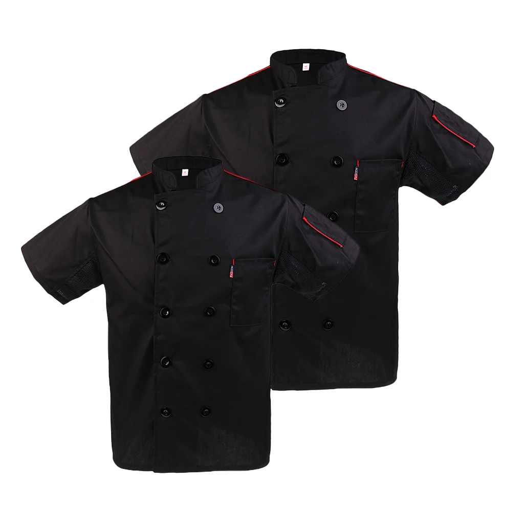 

2 Pcs Short Sleeve Worker Jacket Baker Jacket Chef Jacket Kitchen Uniform Catering Workwear Black Unisex Double Breasted Uniform