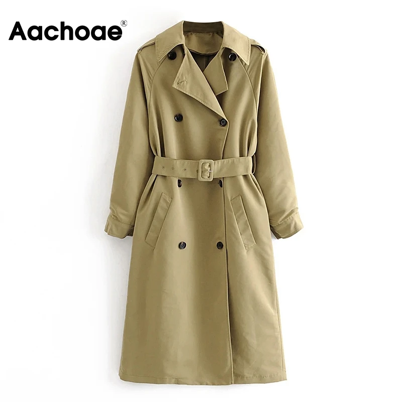 Aachoae Women Elegant Khaki Long Trench Coat With Belt Batwing Sleeve Office Ladies Work Wear Jacket Outwear Windbreak Roupas|Trench| - AliExpress