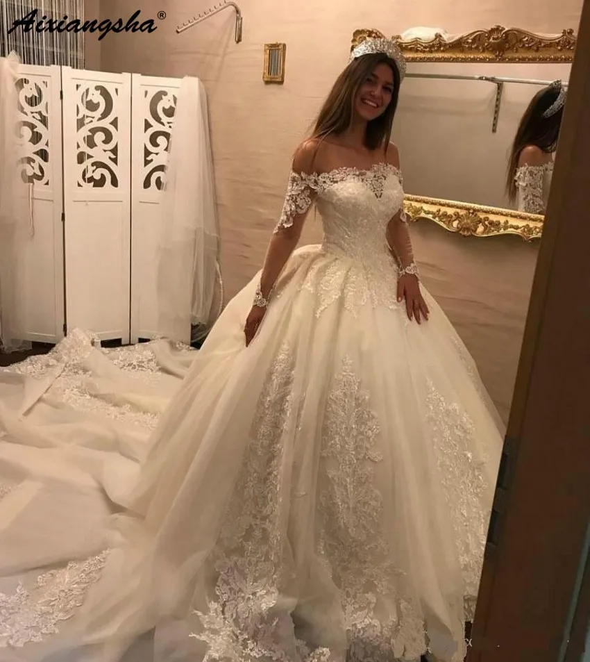 Слоновая кость С открытыми плечами одежда с длинным рукавом мусульманское свадебное платье Бальные платья белые кружева с аппликацией платье принцессы, невесты Vestido de Casamento - Цвет: Слоновая кость