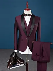 Men Suit Latest Designs Slim Fit Men's Suits Set Formal Burgundy Business Groom Wedding Suits For Men (Jacket+Pants+Vest)
