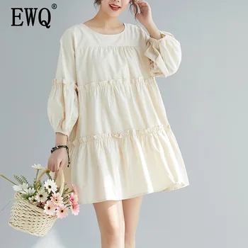 

[EWQ] 2020 Spring Summer New Pattern Round Collar Long Sleeve Solid Ruffles Patchwork Pullovers Casual Dress Women AK91807