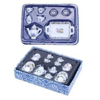 

HOT-2 Set 1/12 Dollhouse Miniature Tea Set Dish Cup Plate Pot Saucers Set Dollhouse Kitchen Accessories - Green Flowers Pattern