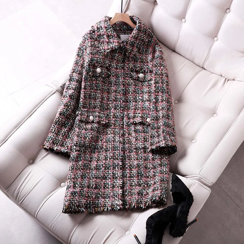 Autumn women's sweet pocket overcoat Korean style loose plaid tweed coat B104