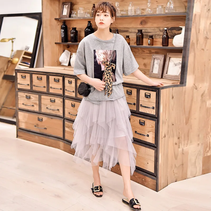

Two-Piece Set Spring And Summer Korean-style Fashion Leopord Pattern T-shirt + High-waisted Cake Dress WOMEN'S Dress Fashion