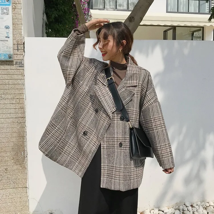 Lattice Woolen tops Suit collar coat Autumn New 4XL Double-breasted elegant Womens coats Large size Youth clothing trend