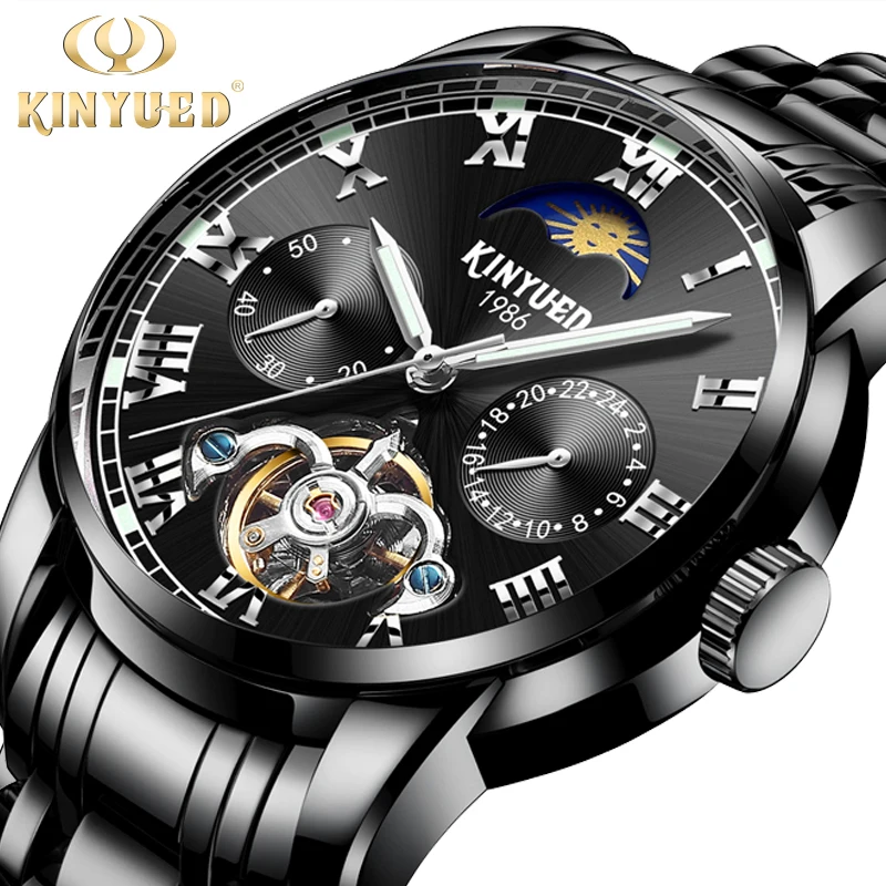 KINYUED Moon Phase Календарь автоматические часы для мужчин Скелет механические часы для мужчин s сталь Водонепроницаемый Бизнес Relogio Masculino