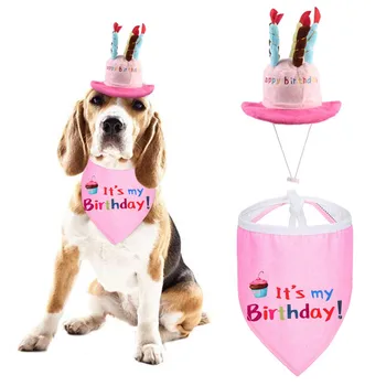 

Pet Birthday Hat and Bandana Cute Cake Cap and Letter Print Triangle Scarf for Small to Large Dogs Cats