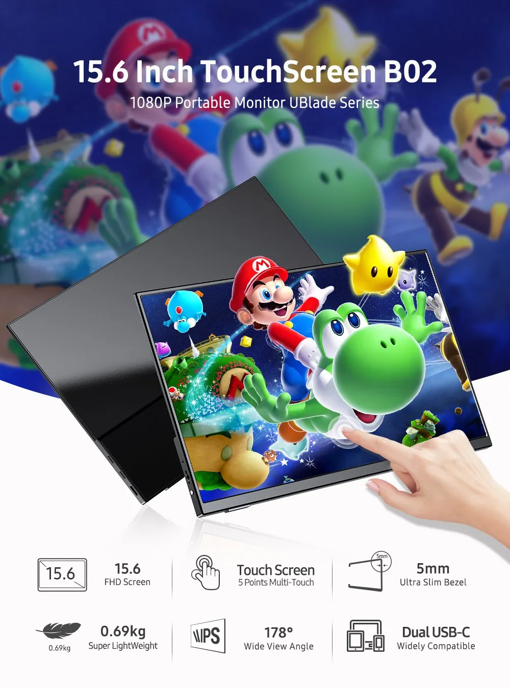 ˰ ޴  EVICIV 15.6 ġ ġ ũ 1080P  ° ÷, 60HZ Ʈ ܺ ȭ 0.7kg 1.5lbs  
