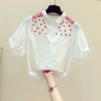 

White Blouse for Women 2020 Summer New Korean Temperament V-neck Short Sleeve Star Embroidered Shirt Female Casual Tops Blusas